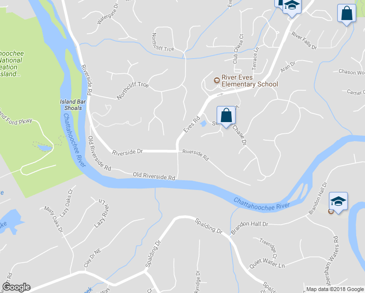 map of restaurants, bars, coffee shops, grocery stores, and more near 1607 Riverside Road in Roswell