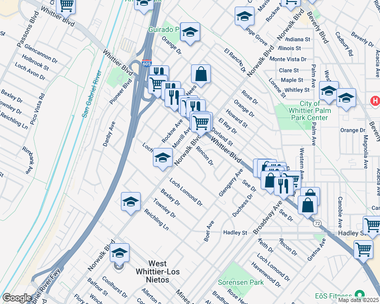 map of restaurants, bars, coffee shops, grocery stores, and more near 1081 Glencannon Drive in Whittier