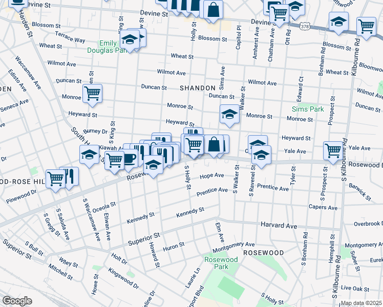 map of restaurants, bars, coffee shops, grocery stores, and more near 2917 Rosewood Drive in Columbia