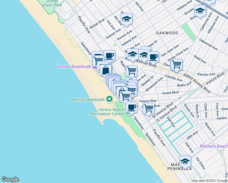 map of restaurants, bars, coffee shops, grocery stores, and more near 1305 Speedway in Los Angeles