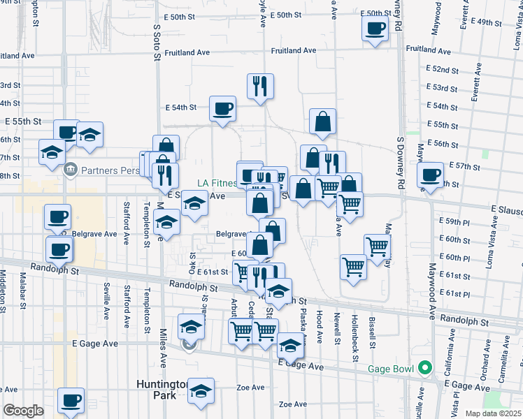 map of restaurants, bars, coffee shops, grocery stores, and more near 3081 Slauson Avenue in Huntington Park