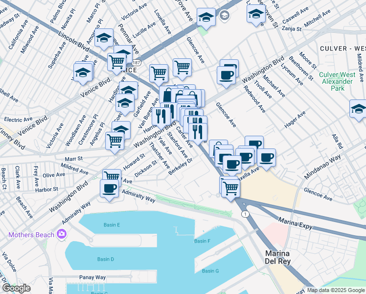 map of restaurants, bars, coffee shops, grocery stores, and more near 3104 Stanford Avenue in Marina del Rey