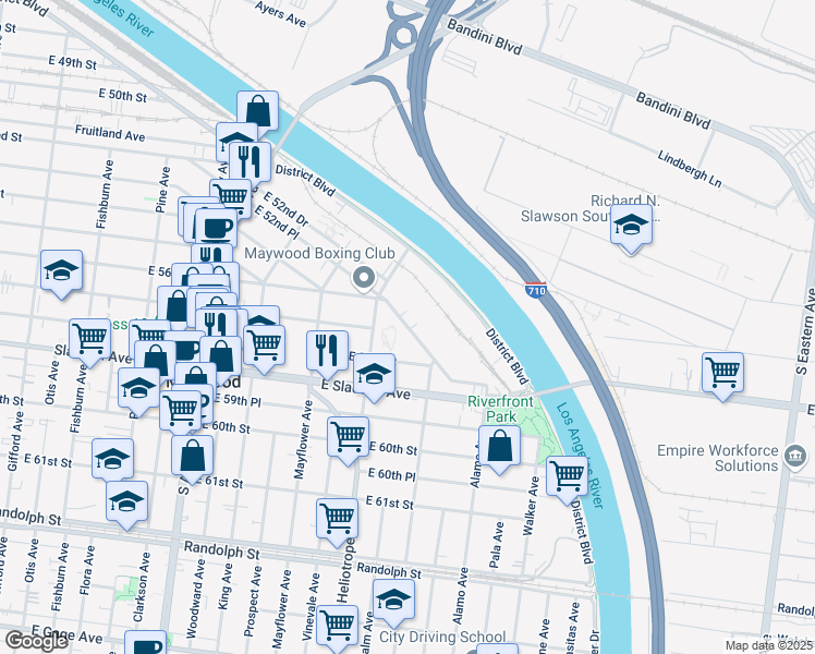 map of restaurants, bars, coffee shops, grocery stores, and more near 4808-4898 E 52nd Pl in Maywood