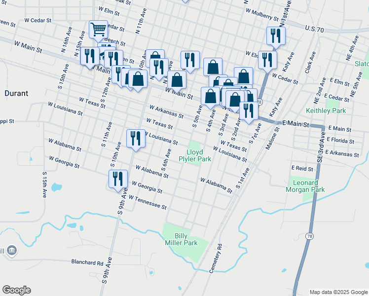 map of restaurants, bars, coffee shops, grocery stores, and more near 401 South 5th Avenue in Durant