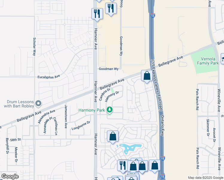 map of restaurants, bars, coffee shops, grocery stores, and more near 5471 Harmony Drive in Eastvale