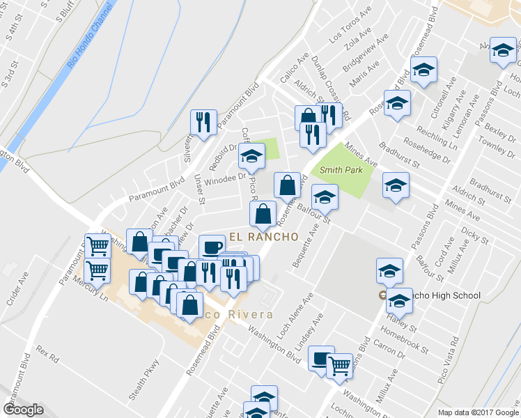 map of restaurants, bars, coffee shops, grocery stores, and more near 8863 Coffman and Pico Road in Pico Rivera