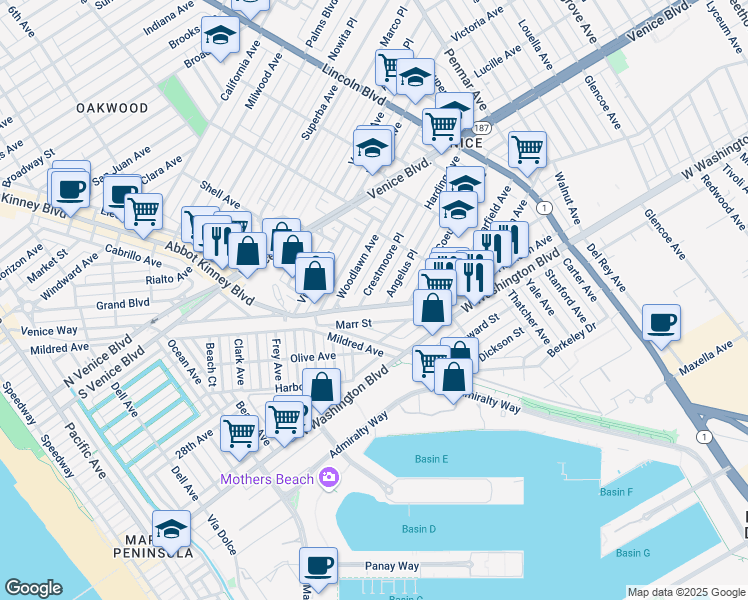 map of restaurants, bars, coffee shops, grocery stores, and more near 2500 Abbot Kinney Boulevard in Los Angeles