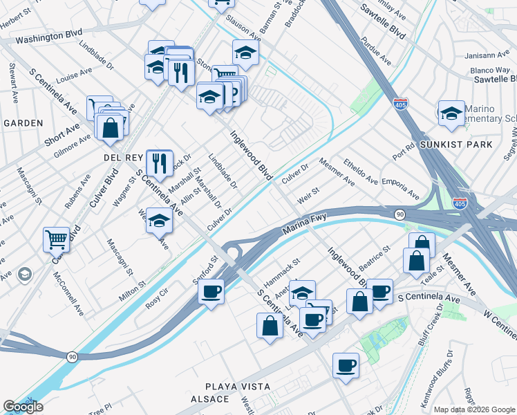 map of restaurants, bars, coffee shops, grocery stores, and more near 5104 Lindblade Drive in Culver City