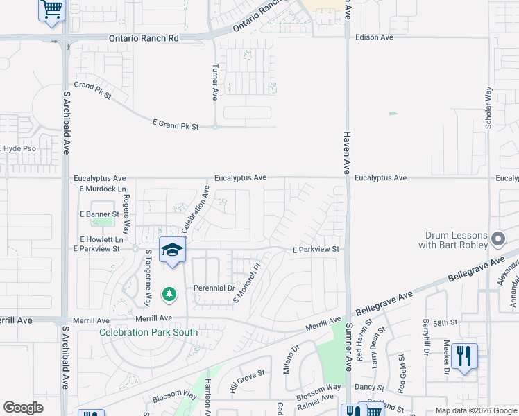 map of restaurants, bars, coffee shops, grocery stores, and more near 4678 South Solstice Avenue in Ontario
