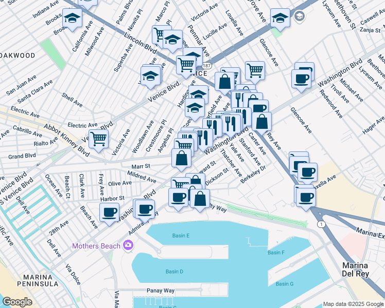 map of restaurants, bars, coffee shops, grocery stores, and more near in Los Angeles