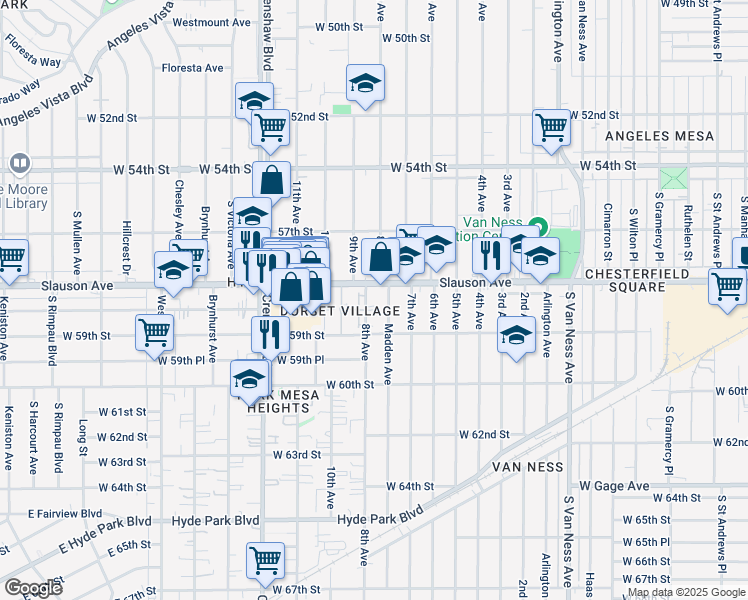 map of restaurants, bars, coffee shops, grocery stores, and more near 5818 8th Avenue in Los Angeles