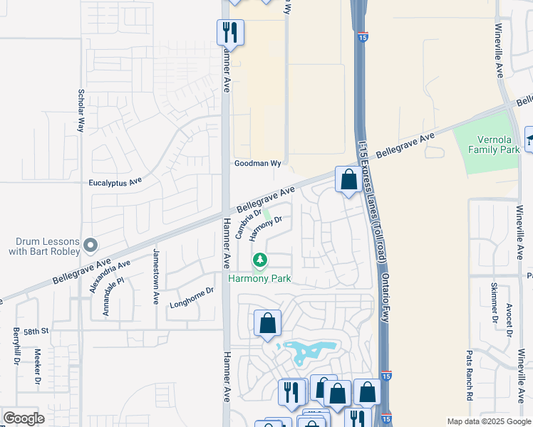 map of restaurants, bars, coffee shops, grocery stores, and more near 5471 Harmony Drive in Eastvale