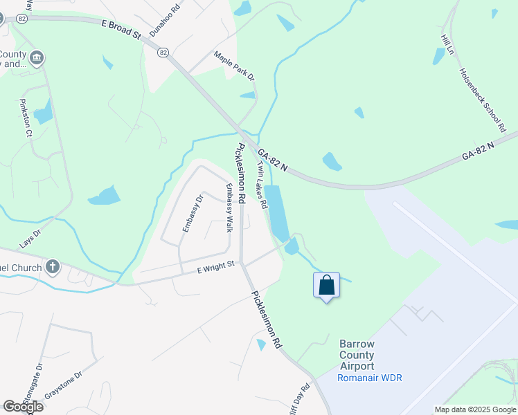 map of restaurants, bars, coffee shops, grocery stores, and more near 53 Twin Lakes Road in Winder