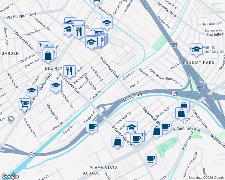 map of restaurants, bars, coffee shops, grocery stores, and more near 5104 Lindblade Drive in Culver City