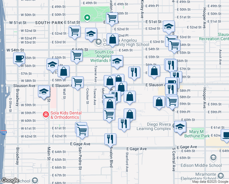 map of restaurants, bars, coffee shops, grocery stores, and more near 5850 South Avalon Boulevard in Los Angeles