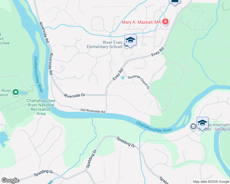 map of restaurants, bars, coffee shops, grocery stores, and more near 1680 Riverside Road in Roswell