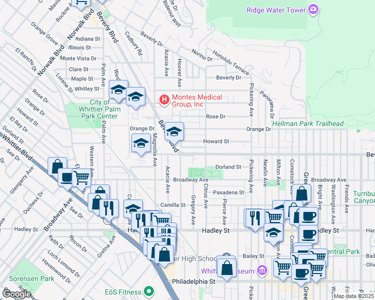 map of restaurants, bars, coffee shops, grocery stores, and more near 12113 Beverly Boulevard in Whittier