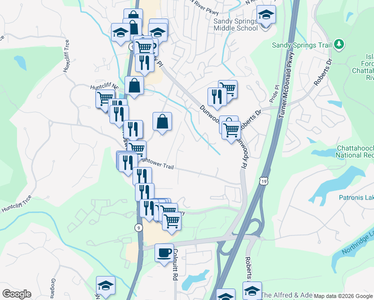 map of restaurants, bars, coffee shops, grocery stores, and more near 450 Forestgate Court in Atlanta