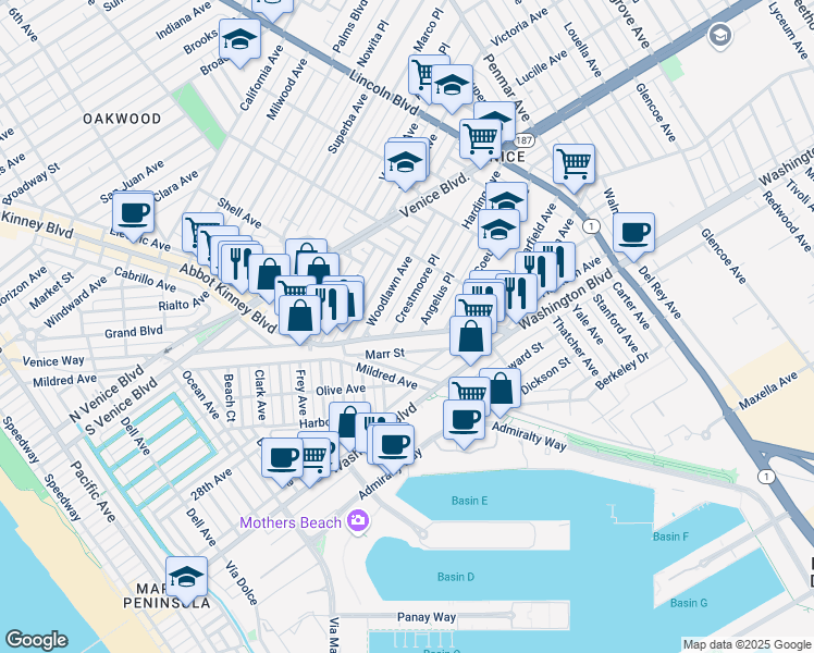 map of restaurants, bars, coffee shops, grocery stores, and more near 2500 Abbot Kinney Boulevard in Los Angeles