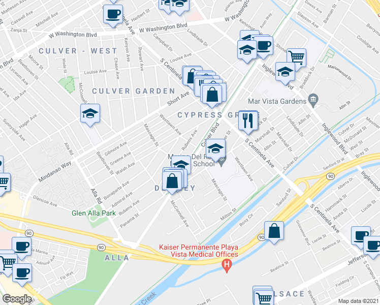 map of restaurants, bars, coffee shops, grocery stores, and more near 12523 Culver Boulevard in Los Angeles