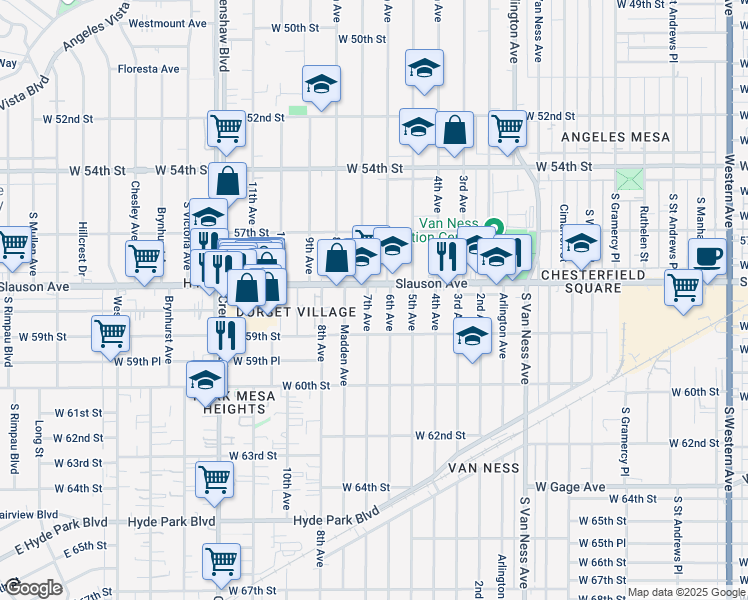 map of restaurants, bars, coffee shops, grocery stores, and more near 5818 7th Avenue in Los Angeles
