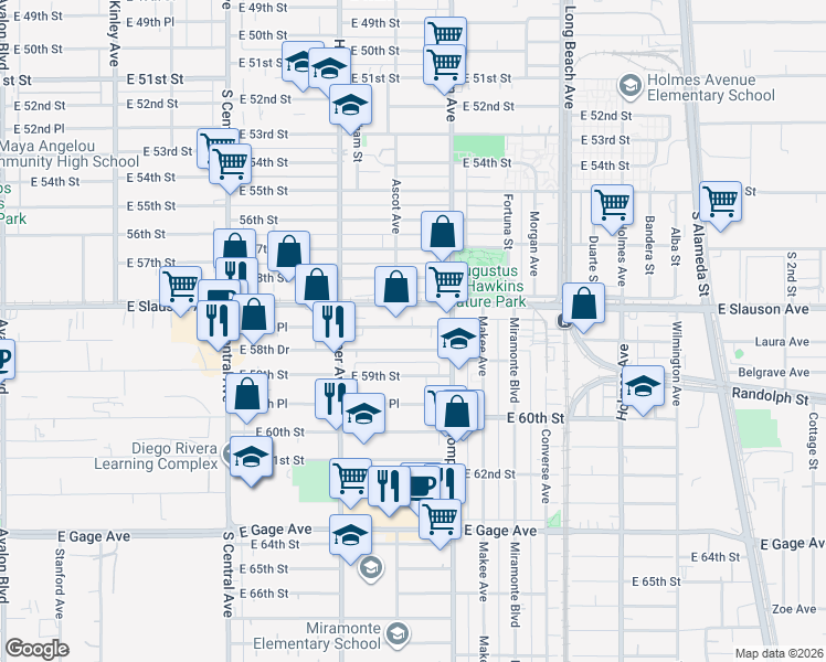 map of restaurants, bars, coffee shops, grocery stores, and more near 1406 1/2 East 58th Place in Los Angeles