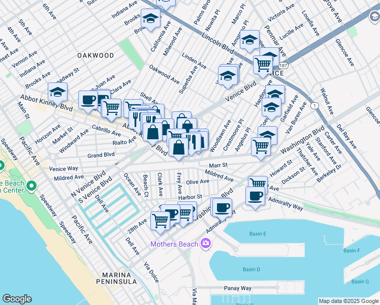 map of restaurants, bars, coffee shops, grocery stores, and more near 513 Victoria Avenue in Los Angeles