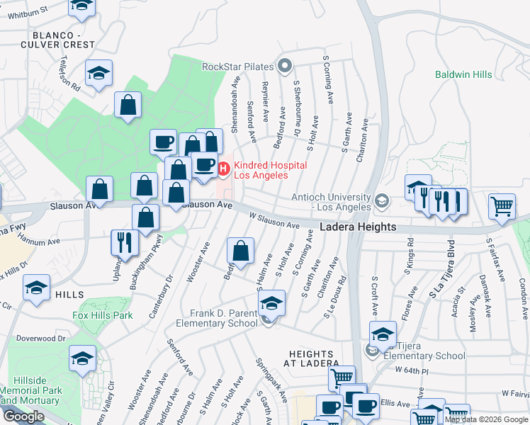 map of restaurants, bars, coffee shops, grocery stores, and more near 5411 West Slauson Avenue in Los Angeles