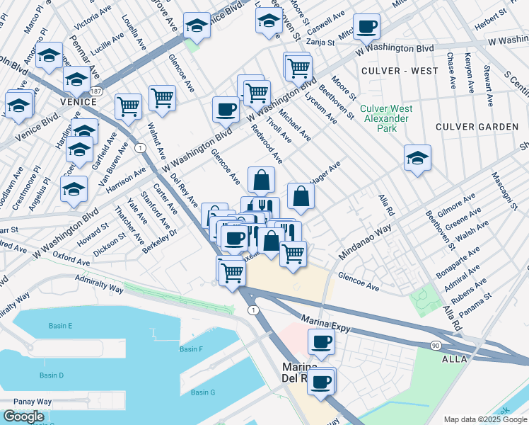 map of restaurants, bars, coffee shops, grocery stores, and more near 4212 1/2 Glencoe Avenue in Marina del Rey