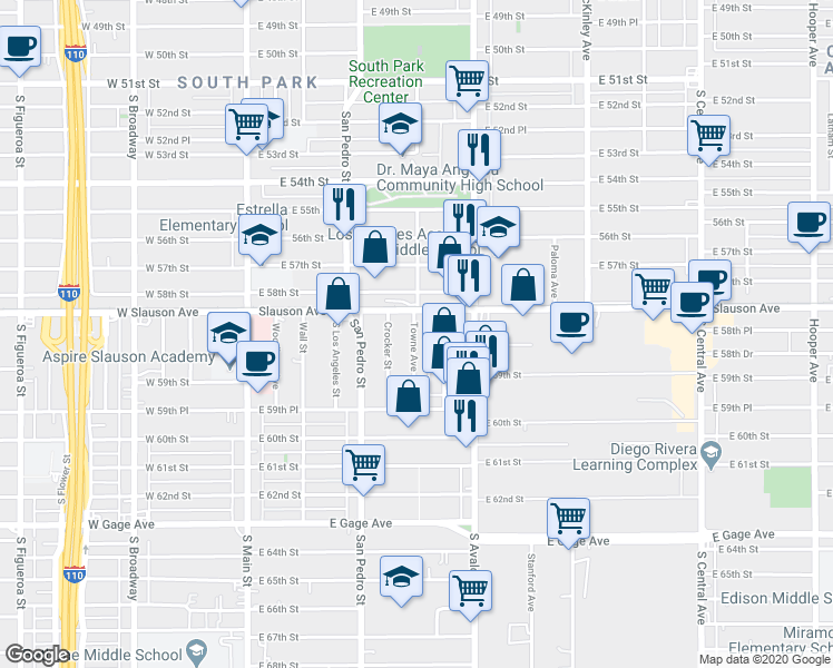 map of restaurants, bars, coffee shops, grocery stores, and more near 5850 Towne Avenue in Los Angeles