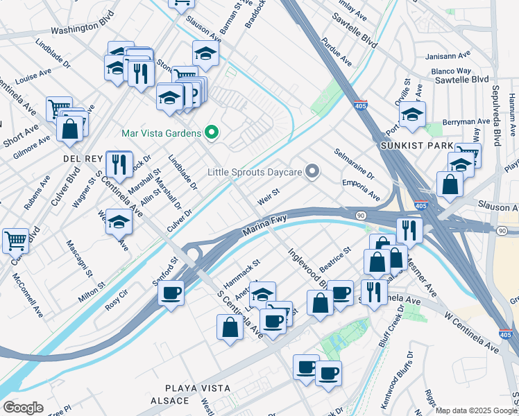 map of restaurants, bars, coffee shops, grocery stores, and more near 11980 Weir Street in Culver City