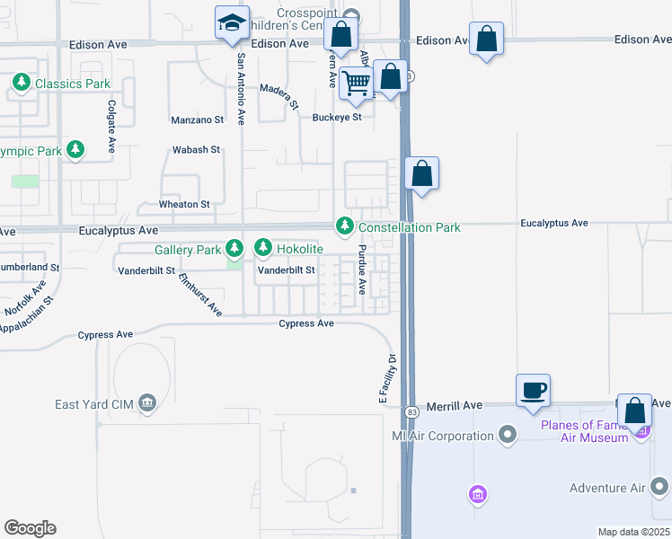 map of restaurants, bars, coffee shops, grocery stores, and more near 14556 Manchester Avenue in Chino