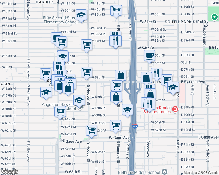 map of restaurants, bars, coffee shops, grocery stores, and more near 5845 1/2 Denver Avenue in Los Angeles