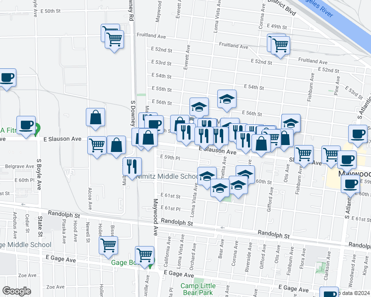 map of restaurants, bars, coffee shops, grocery stores, and more near 3624 Slauson Avenue in Maywood