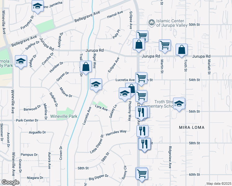 map of restaurants, bars, coffee shops, grocery stores, and more near 11160 North Star Avenue in Jurupa Valley