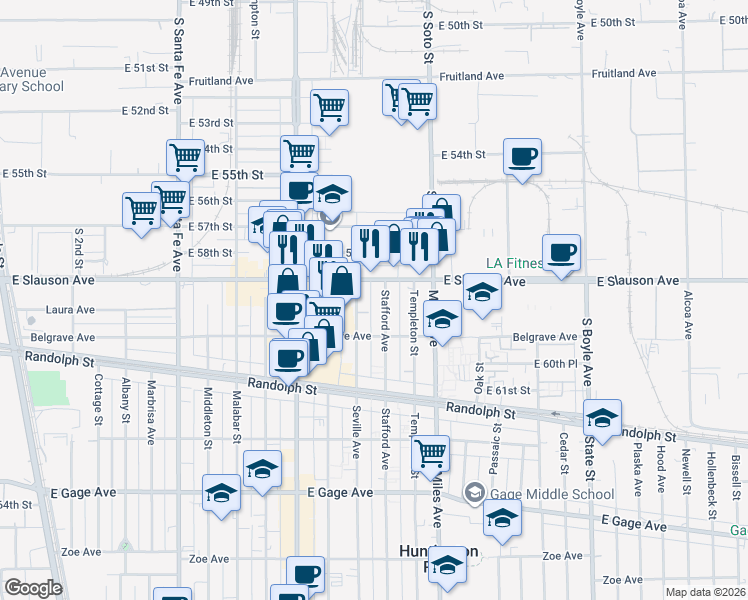 map of restaurants, bars, coffee shops, grocery stores, and more near 5915 Stafford Avenue in Huntington Park