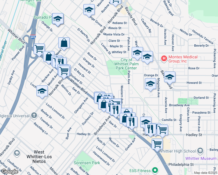 map of restaurants, bars, coffee shops, grocery stores, and more near 5911 El Rancho Dr in Whittier