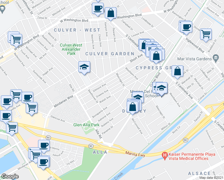 map of restaurants, bars, coffee shops, grocery stores, and more near 12722 Greene Avenue in Los Angeles
