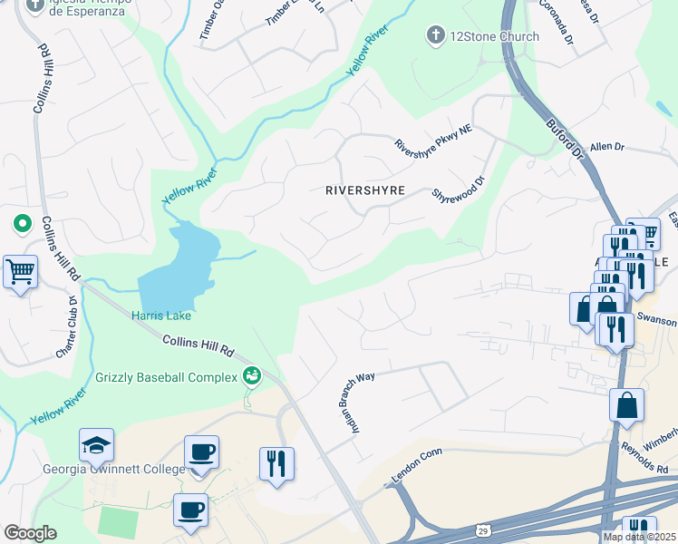 map of restaurants, bars, coffee shops, grocery stores, and more near 1130 Lochshyre Way in Lawrenceville