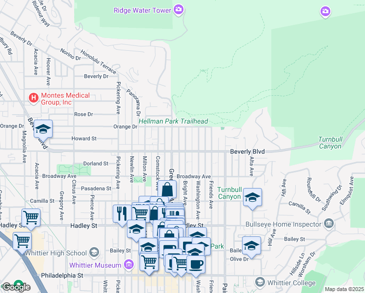 map of restaurants, bars, coffee shops, grocery stores, and more near 5847 Bright Avenue in Whittier
