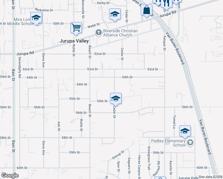 map of restaurants, bars, coffee shops, grocery stores, and more near 5459 Cedar St in Riverside