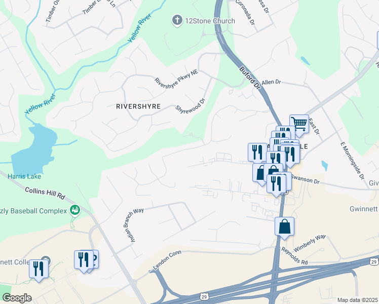 map of restaurants, bars, coffee shops, grocery stores, and more near 445 Victoria Station Boulevard Northeast in Lawrenceville