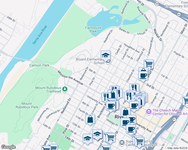 map of restaurants, bars, coffee shops, grocery stores, and more near 3525 Pine Street in Riverside