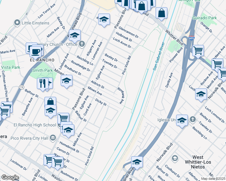 map of restaurants, bars, coffee shops, grocery stores, and more near 9557 Aldrich Street in Pico Rivera