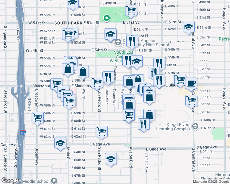 map of restaurants, bars, coffee shops, grocery stores, and more near 5850 Towne Avenue in Los Angeles