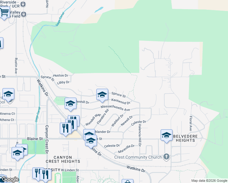 map of restaurants, bars, coffee shops, grocery stores, and more near 449 Spruce Street in Riverside