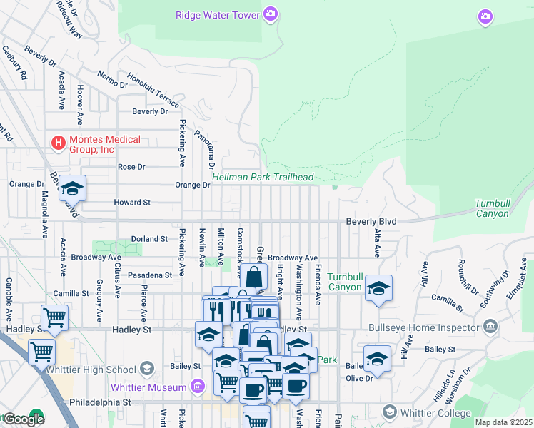 map of restaurants, bars, coffee shops, grocery stores, and more near 5847 Bright Avenue in Whittier