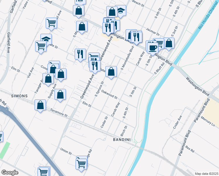 map of restaurants, bars, coffee shops, grocery stores, and more near 820 Oakwood Street in Montebello