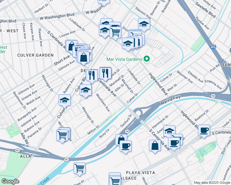 map of restaurants, bars, coffee shops, grocery stores, and more near 4904 South Centinela Avenue in Los Angeles