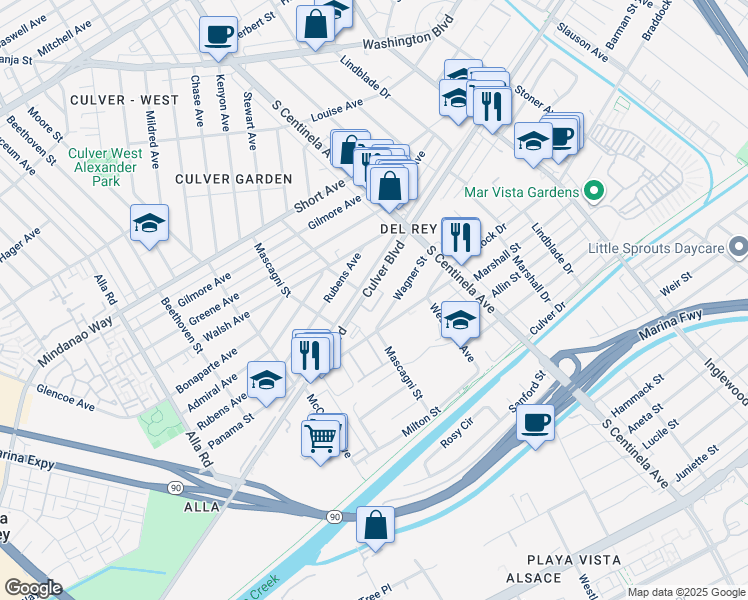 map of restaurants, bars, coffee shops, grocery stores, and more near in Los Angeles